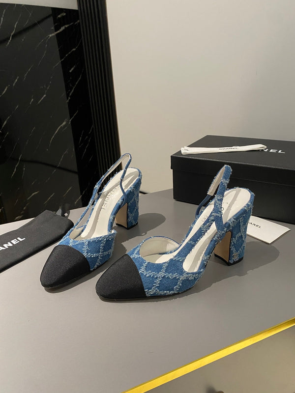 CC Slingback 95mm Dark Blue Tassel Denim Fabric