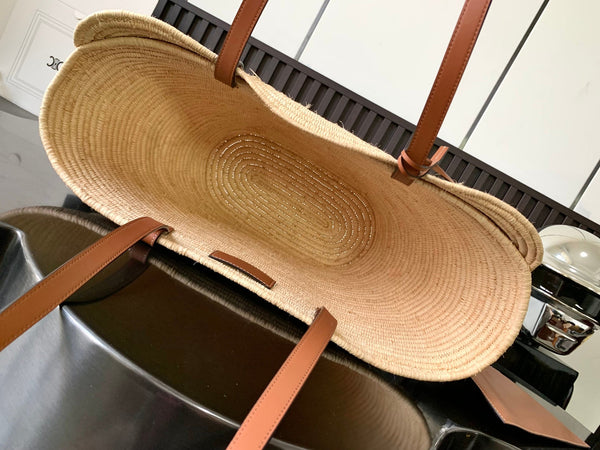 Celine Classic Panier 47cm Braieded Triomphe Beige Raffia Brown Calfskin