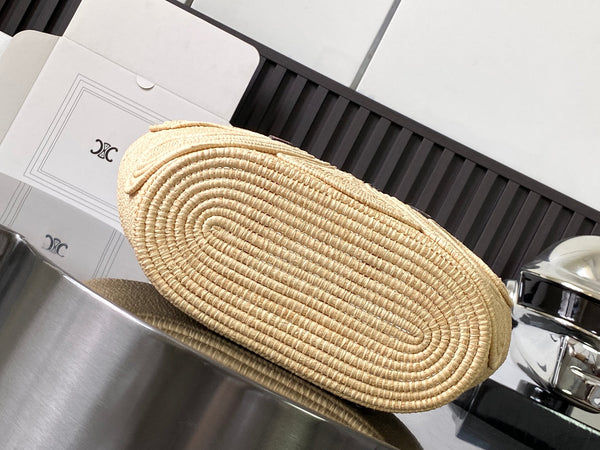 Celine Classic Panier 36cm Braieded Triomphe Beige Raffia Brown Calfskin