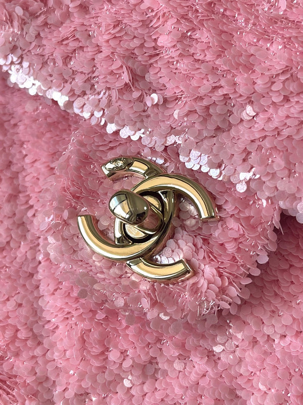Chanel 25 Sequin Embroidered 21cm Bag Pink Leather Sequins 286171
