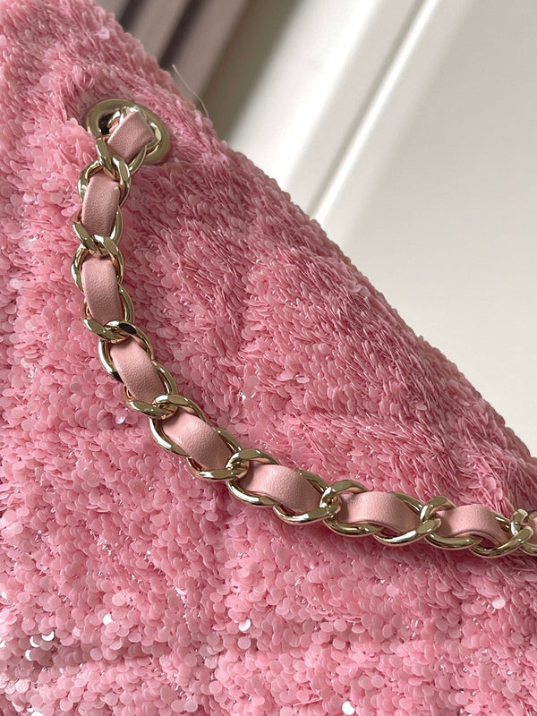 Chanel 25 Sequin Embroidered 21cm Bag Pink Leather Sequins 286171