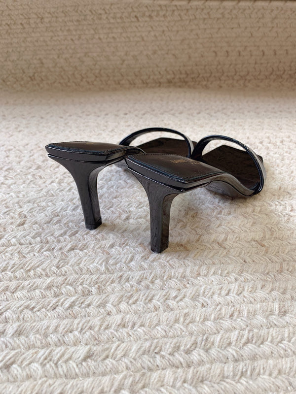 HIGH MULES WITH SQUARE TOE IN BLACK GLOSSY CALFSKIN