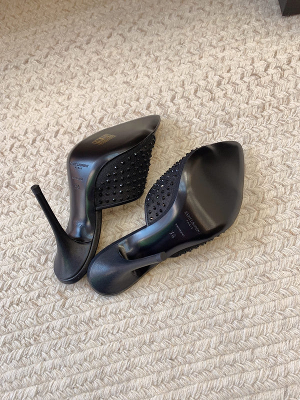 LA 16 HEELED MULES ATTACHED RHINESTONES IN BLACK MESH