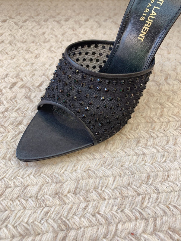 LA 16 HEELED MULES ATTACHED RHINESTONES IN BLACK MESH