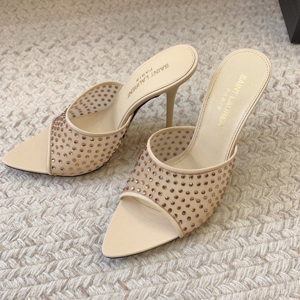 LA 16 HEELED MULES ATTACHED RHINESTONES IN CREAM MESH