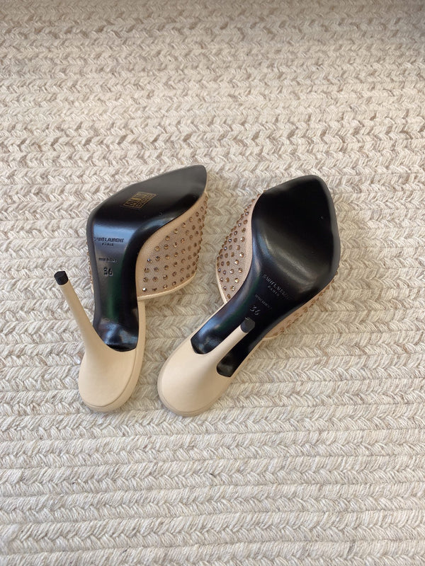 LA 16 HEELED MULES ATTACHED RHINESTONES IN CREAM MESH