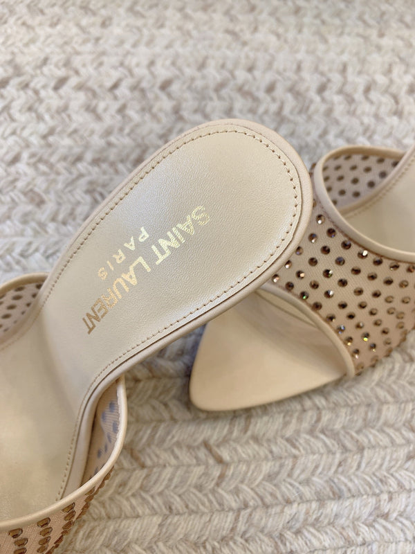 LA 16 HEELED MULES ATTACHED RHINESTONES IN CREAM MESH