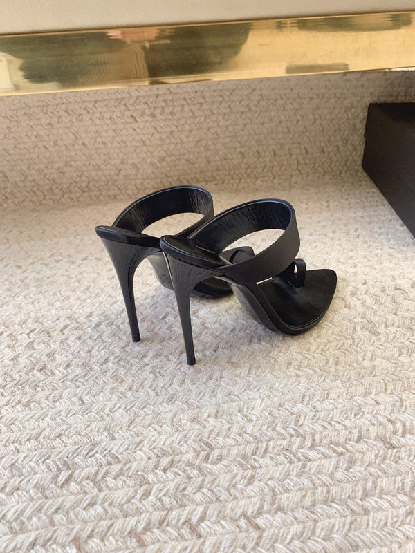 MARTHA POINTED OPEN-TOE HIGH MULES IN BLACK SILK