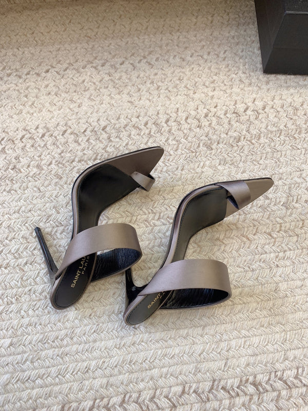 MARTHA POINTED OPEN-TOE HIGH MULES IN GRAY SILK