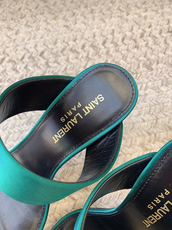MARTHA POINTED OPEN-TOE HIGH MULES IN TEAL GREEN SILK
