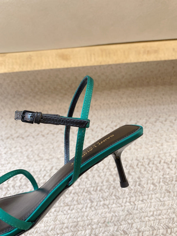 STRAPPY MID HEEL SANDALS IN TEAL GREEN SILK