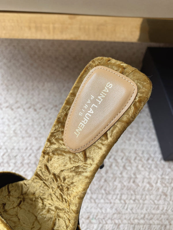 HIGH HEEL SLIDES IN SAND YELLOW VELVET