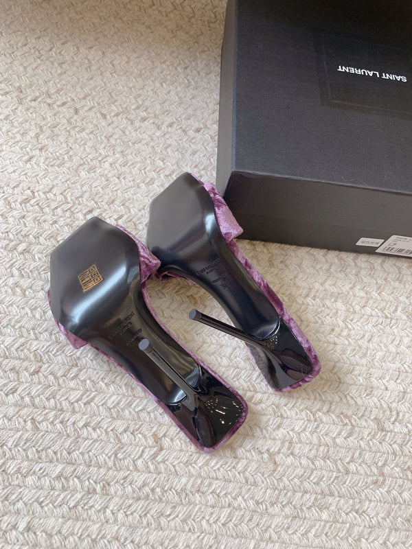 HIGH HEEL SLIDES IN PURPLE VELVET