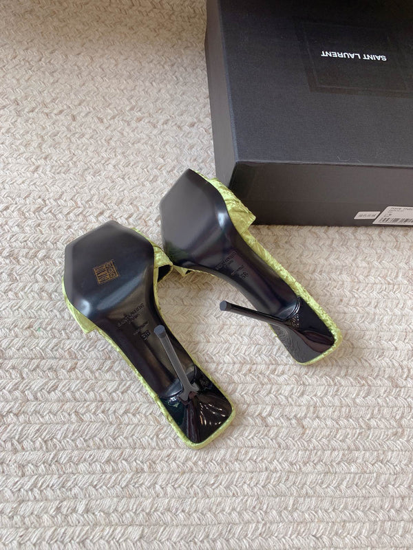 HIGH HEEL SLIDES IN TEA GREEN VELVET