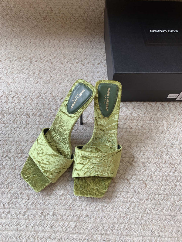 HIGH HEEL SLIDES IN TEA GREEN VELVET