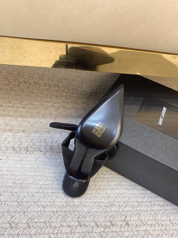 BARBARA BIG BOW MULES IN BLACK SILK