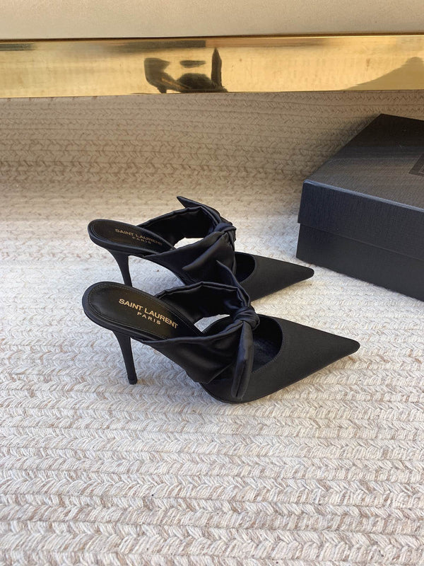 BARBARA BIG BOW MULES IN BLACK SILK