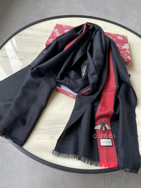 SCIARPA 200 CM IN CASHMERE MISTO NERO ROSSO CON APE RICAMATA 407516