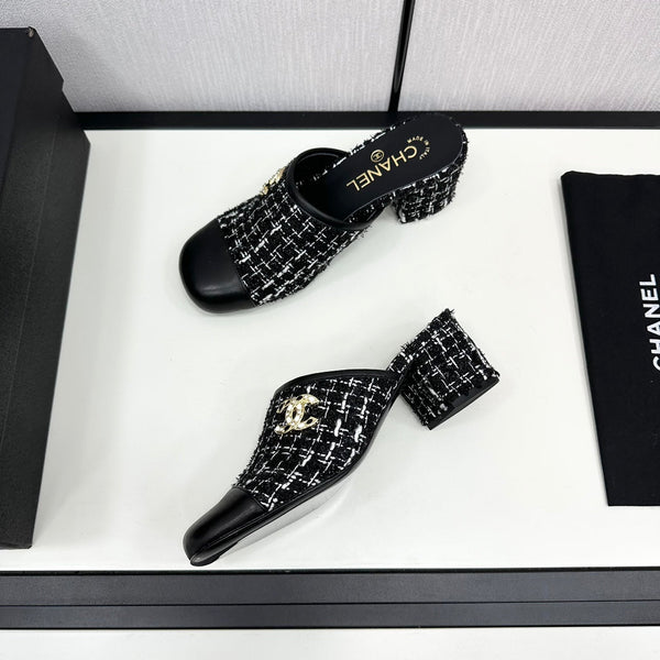 CC HIGH MULE IN BLACK MIX WHITE WOOL TWEED AND CALFSKIN