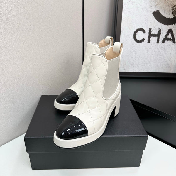 CC FW 25 Platform Ankle Boots Cream Black Patent and Quilted Leather 532620