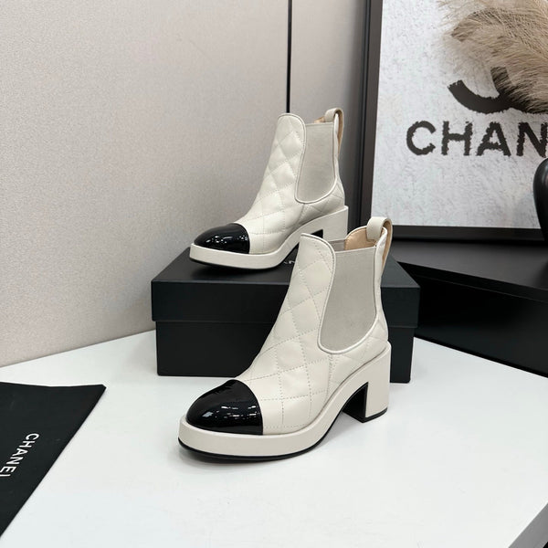 CC FW 25 Platform Ankle Boots Cream Black Patent and Quilted Leather 532620