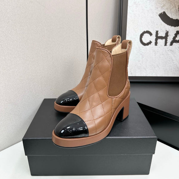 CC FW 25 Platform Ankle Boots Brown Black Patent and Quilted Leather 532622
