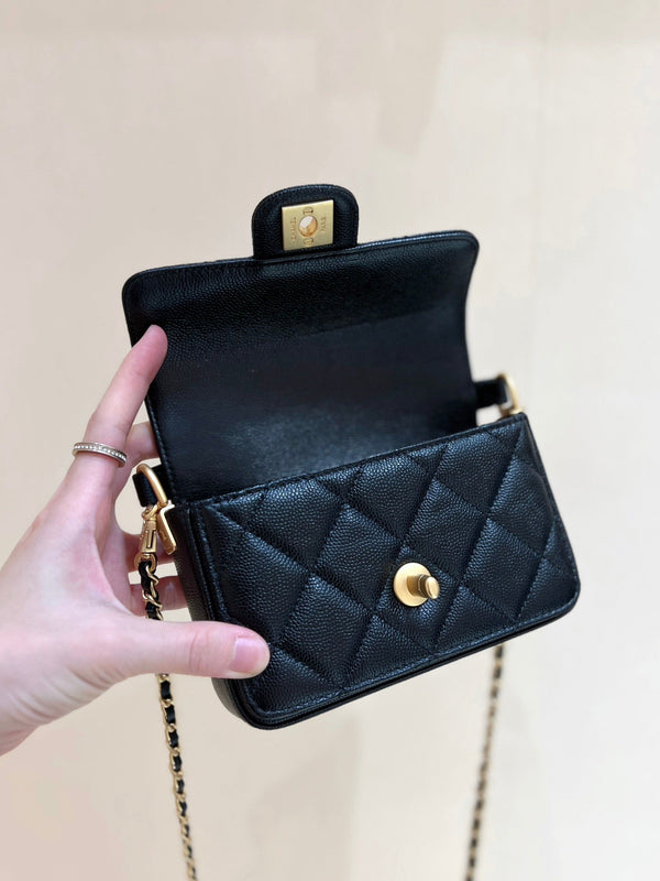 CC24K Mini Handle Flap Bag 16cm Black Caviar Light GHW