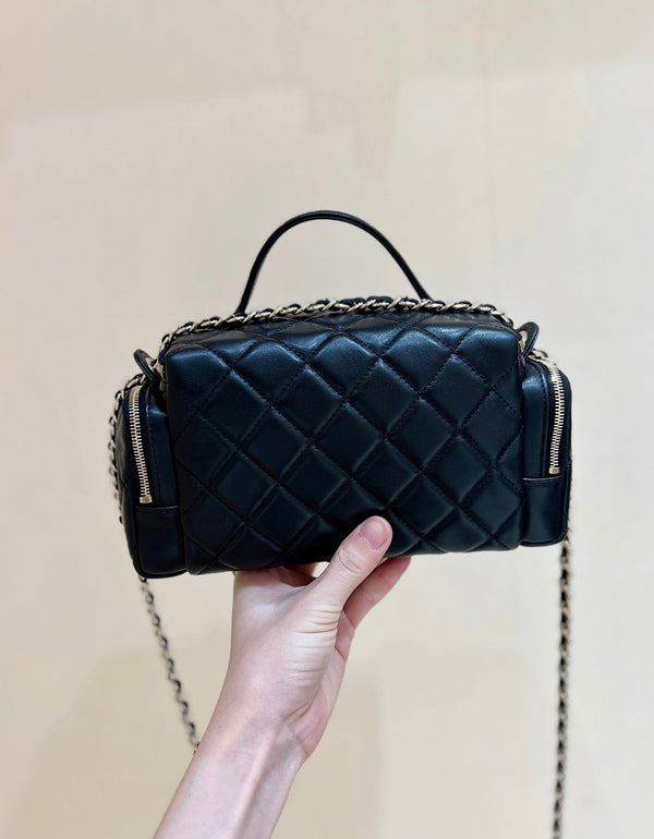 CC 24K Handle Camera Bag 23cm Black Lambskin Light GHW