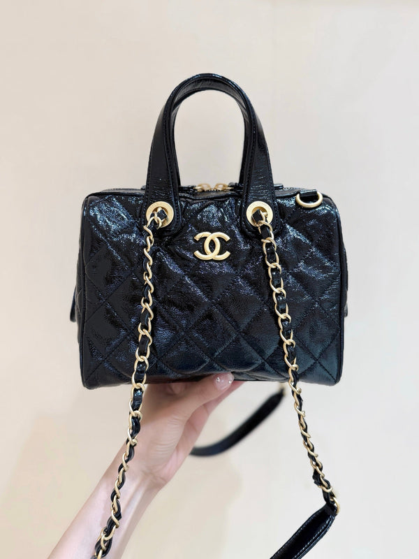 CC 25s Maxi Bowling Bag 21 Black Patent Crumpled Calfskin