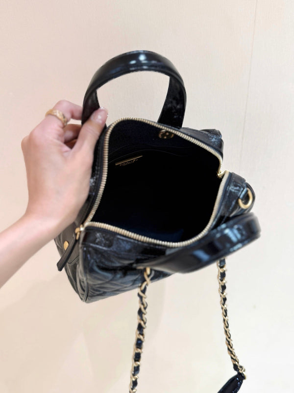 CC 25s Maxi Bowling Bag 21 Black Patent Crumpled Calfskin