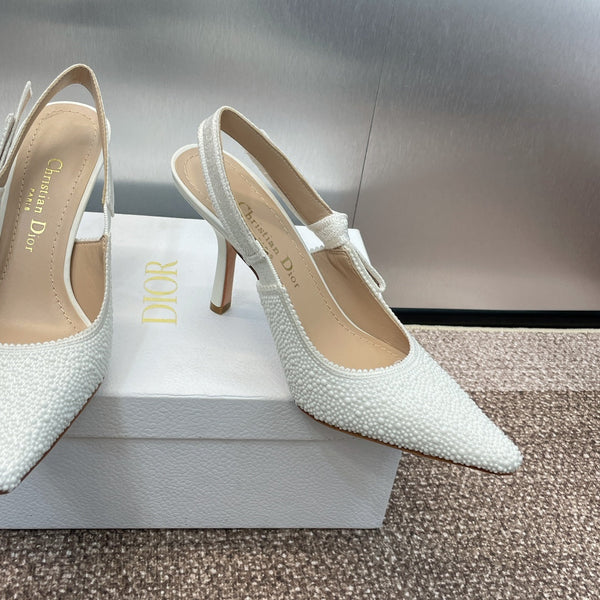 cd slingback pump 95 embroidered cotton white calfskin resin pearl