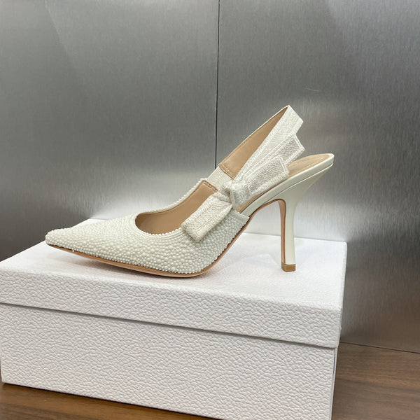 cd slingback pump 95 embroidered cotton white calfskin resin pearl