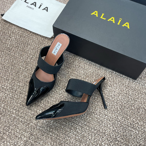 alaia mule 90 black grosgrain heart patent calfskin