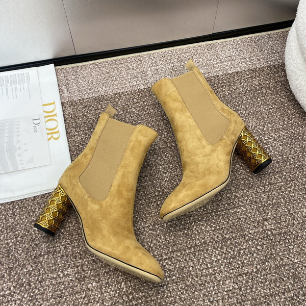 CD Icon Heeled Ankle Boot Beige Light Yellow Suede