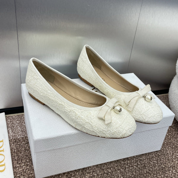 CD Ballet Flat White Woven Sedge And Lambskin