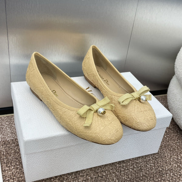 CD Ballet Flat Beige Woven Sedge And Lambskin