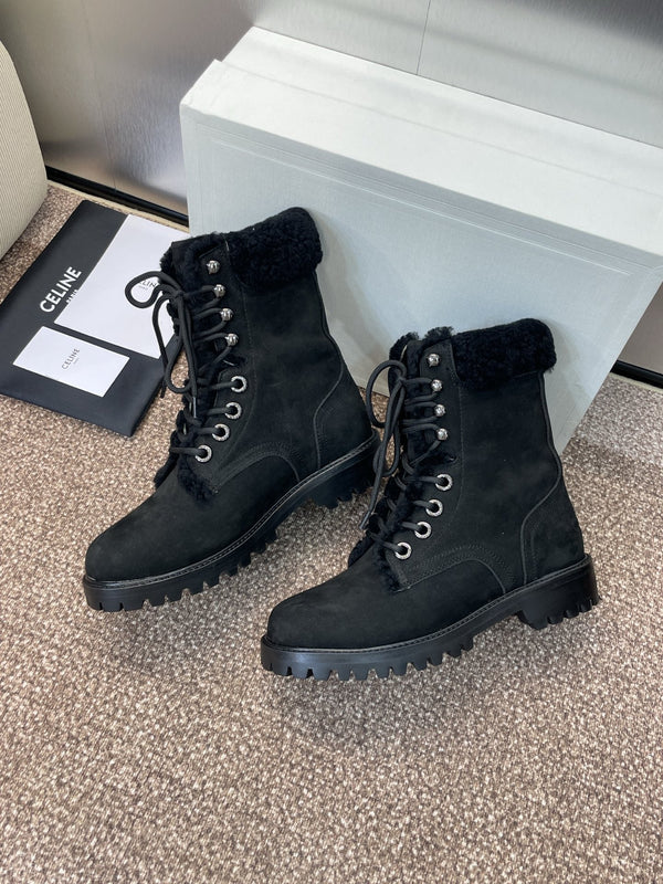 CELINE Ankle Boots Black Suede Lambswool 433387