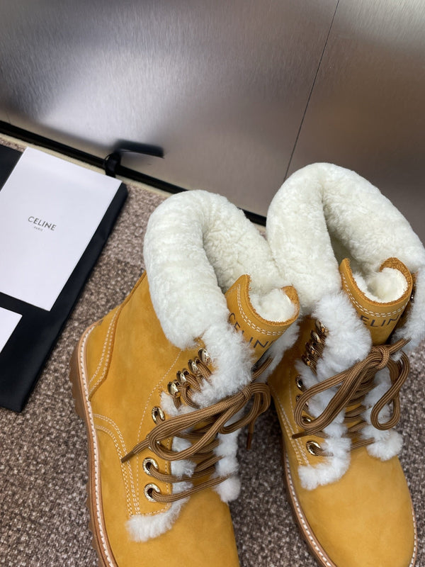 CELINE Ankle Boots Yellow White Suede Lambswool 433388