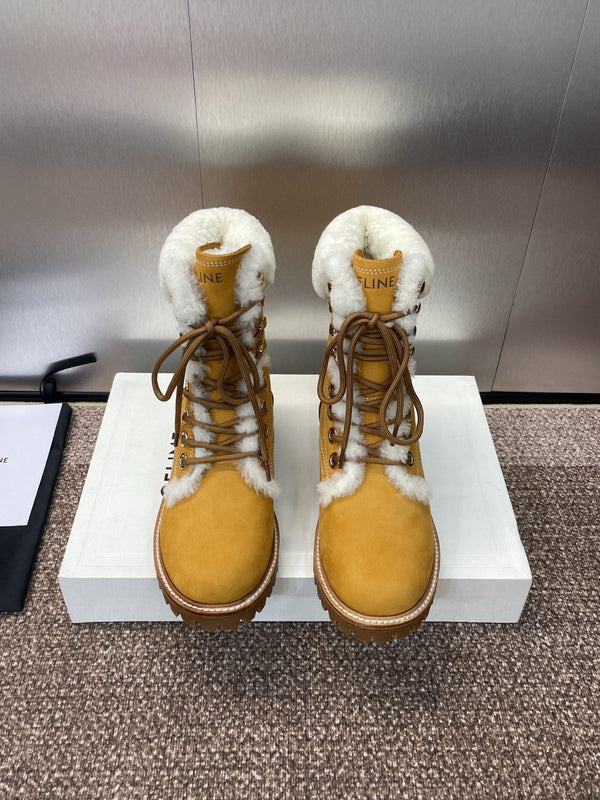 CELINE Ankle Boots Yellow White Suede Lambswool 433388