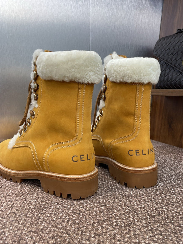 CELINE Ankle Boots Yellow White Suede Lambswool 433388