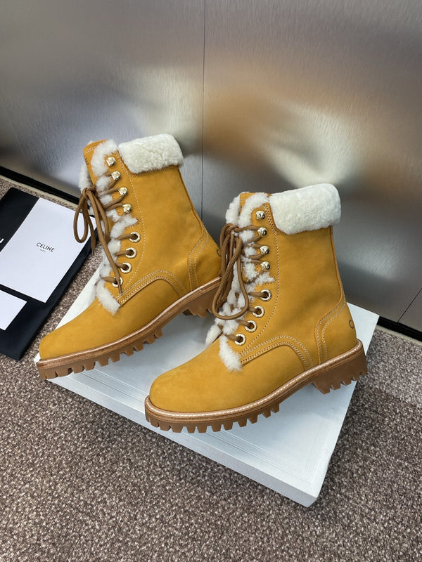 CELINE Ankle Boots Yellow White Suede Lambswool 433388