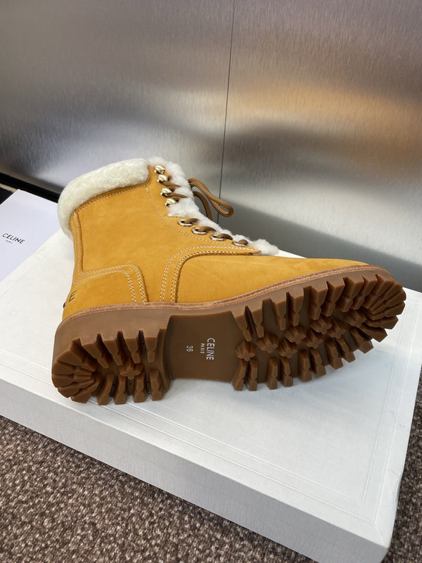 CELINE Ankle Boots Yellow White Suede Lambswool 433388