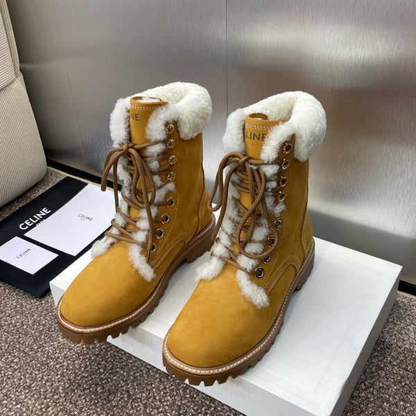 CELINE Ankle Boots Yellow White Suede Lambswool 433388