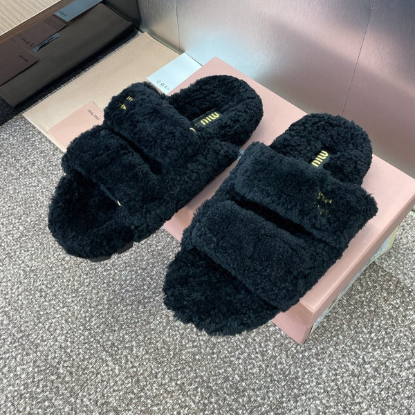 Miu Velcro Slippers Black Lambswool 508823