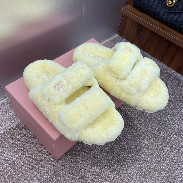 Miu Velcro Slippers Lemon Yellow Lambswool 508824