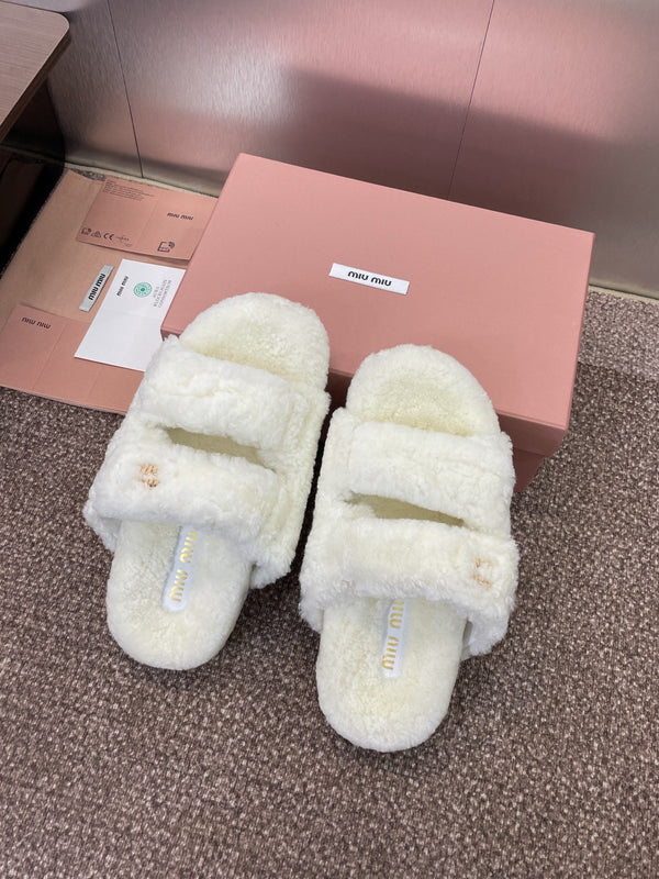 Miu Velcro Slippers White Lambswool 508825