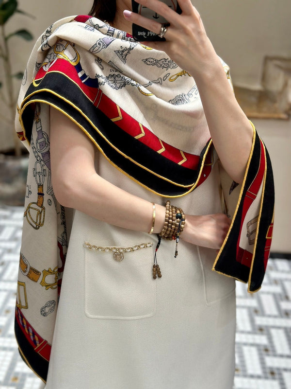 Chevaux Dechaines Shawl 135 CM IN Red Colorful Cashmere Silk 373683