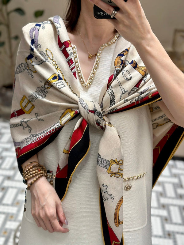 Chevaux Dechaines Shawl 135 CM IN Red Colorful Cashmere Silk 373683