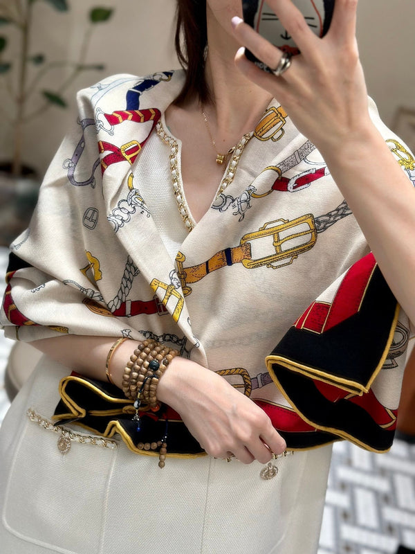 Chevaux Dechaines Shawl 135 CM IN Red Colorful Cashmere Silk 373683