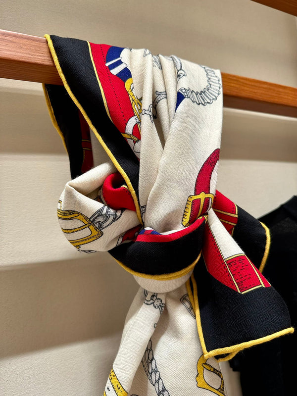 Chevaux Dechaines Shawl 135 CM IN Red Colorful Cashmere Silk 373683